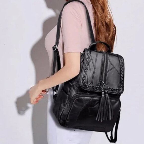 Vegan PU Leather Black Backpack Travel Bag - Picture 2 of 8